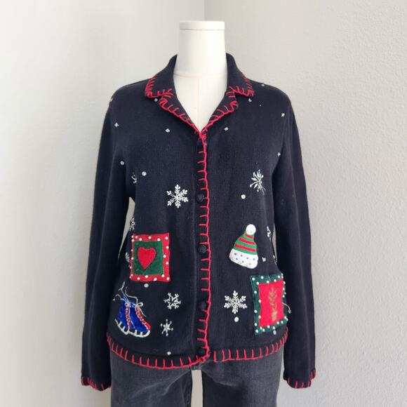 Vintage 90s Basic Editions Holiday Black Snowflake Christmas Sweater Cardigan M - Picture 2 of 10